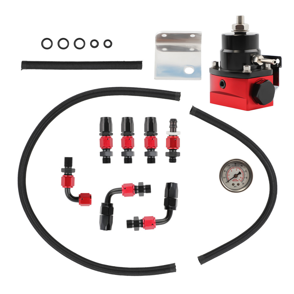 Universal Adjustable Fuel Pressure Regulator Kit + 100psi Gauge -6AN Black andRed