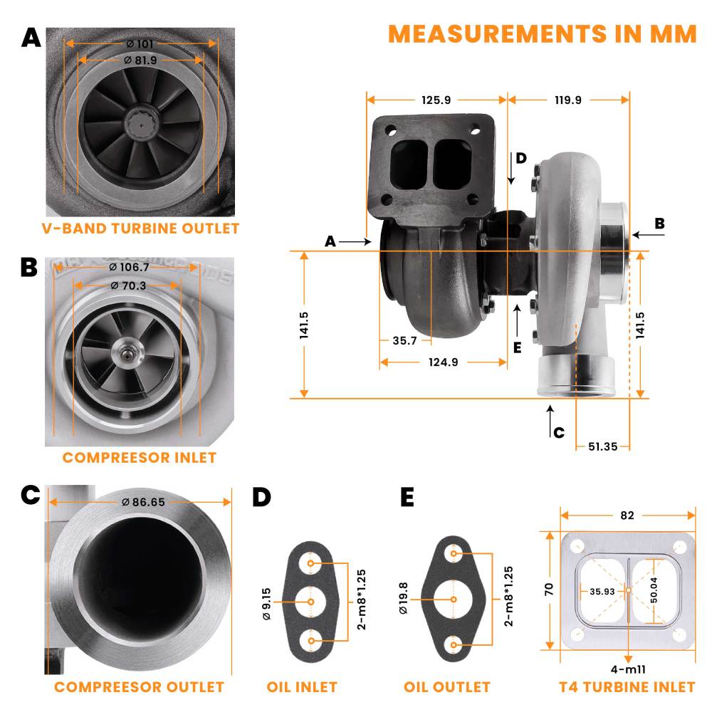 Para GT45 turbo Turbocompresor de banda en V T4 T4 TWIN-SCROLL Wet Float A / R .66 A / R 1.05 600 + BHP