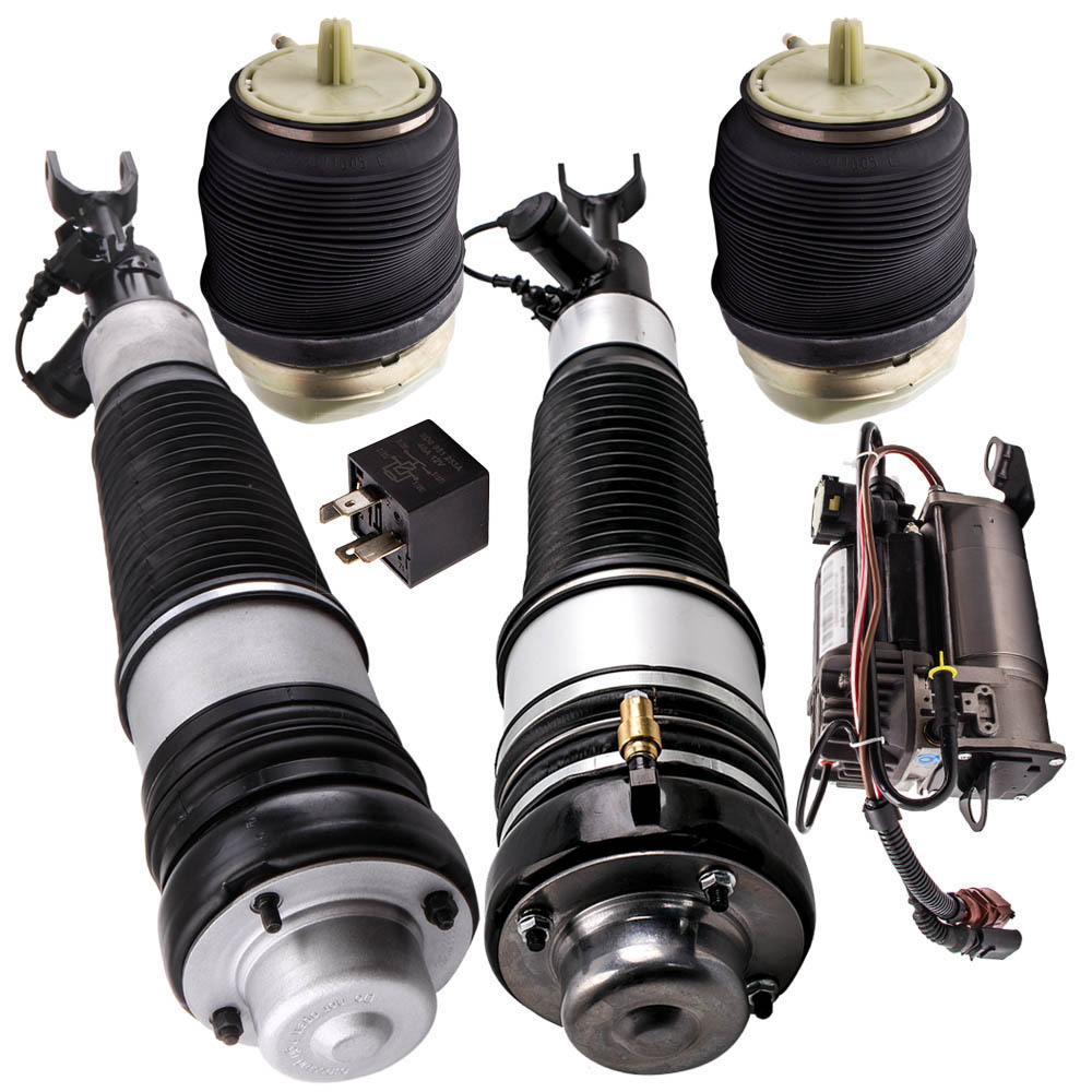 Pair Air Ride Shock Spring + Spring Bag + Compressor Front compatible for Audi A6 S6 C6 4F