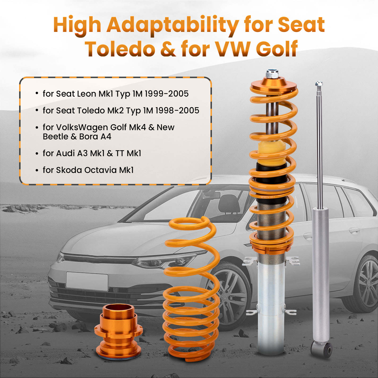  maXpeedingrods Coilovers Adjustable Height for VW Golf IV/New  Beetle for Seat Leon 1996-2010, Suspension Coil Struts, Gold Amortiguador  with Twin-tube Structure : Automotive