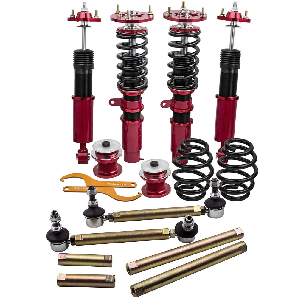 Red Complete Front + Rear Coilovers compatible for BMW E46 3 Series Adj. Height + Sway Bar lowering kit