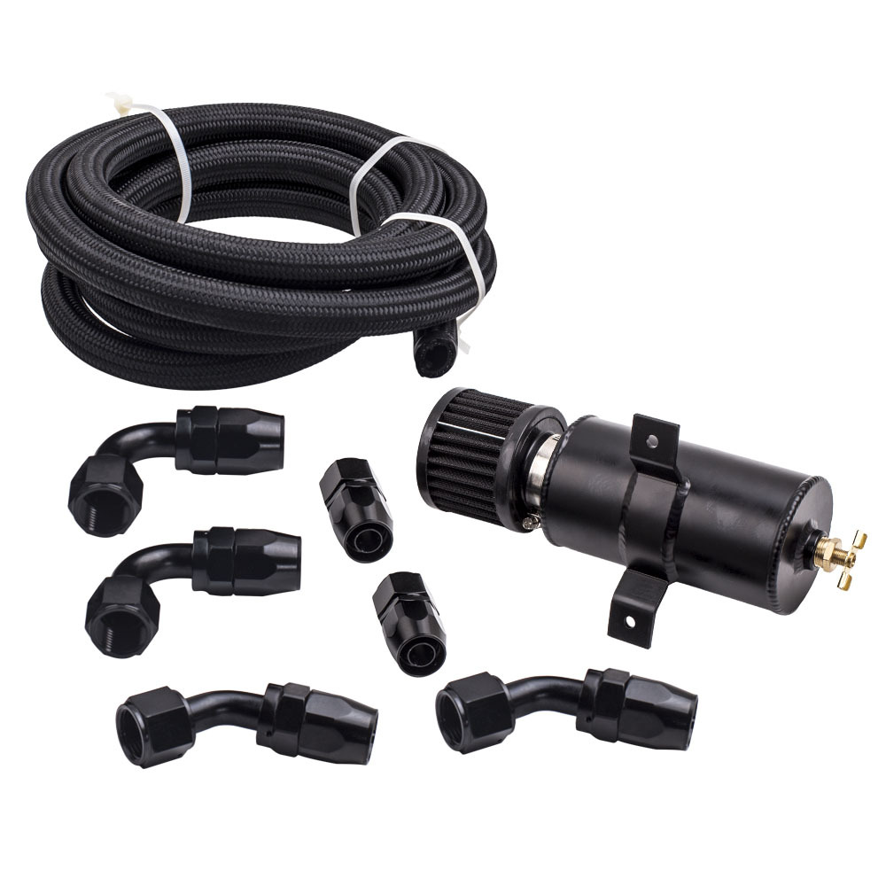 Aluminium Baffled Engine Oil Catch Can 0.75L Twin Port AN10 +3M Hose Fitting Kit
