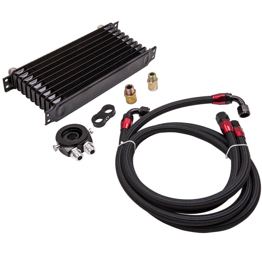 10 Row AN10 Engine Oil Cooler + 3/4-16 and M20 Filter Relocation Adapter Kit Black