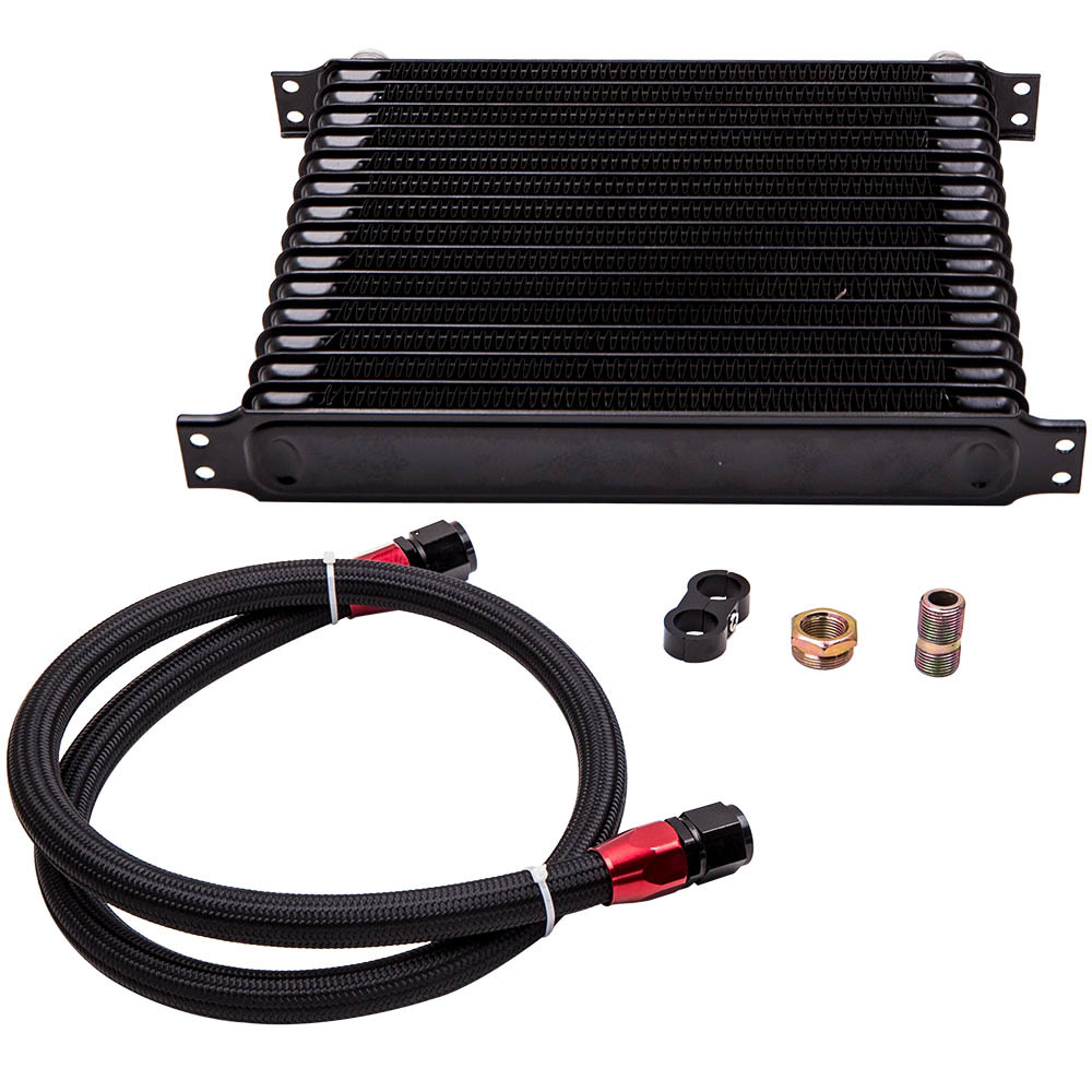 15 Row AN10 Universal Engine Transmission Oil Cooler Filter Adapter Hose Kit