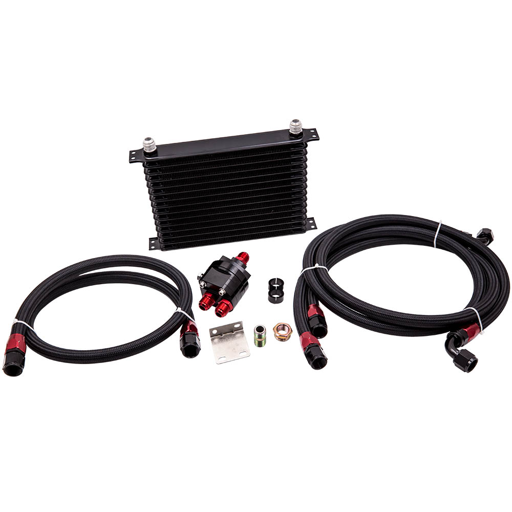 15 Row AN10 Universal Engine Transmission Oil Cooler Filter Adapter Hose Kit