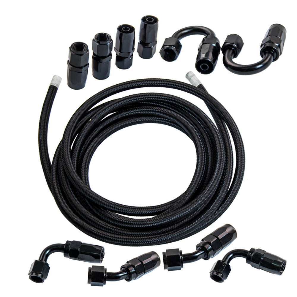 AN6 6AN 5M Stainless Steel Braided Oil Fuel Line+ Fitting Hose End Adapter Black