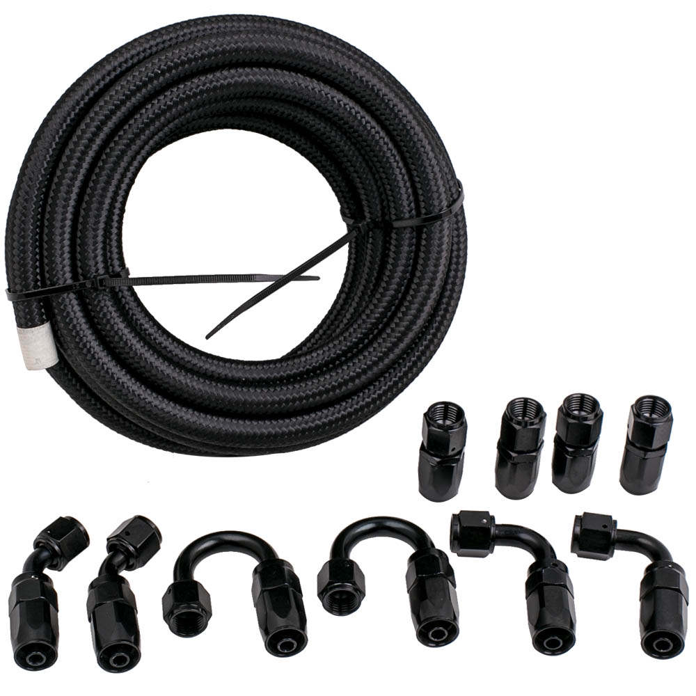 20FT AN6 6AN Nylon Braided Oil Fuel Line+Fittings Hose and Adaptor KIT Black