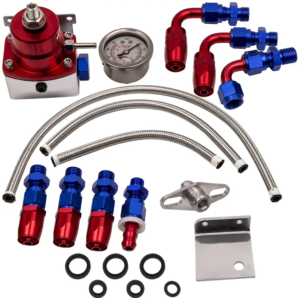 OSIAS Universal Adjustable Fuel Pressure Regulator Kit 100 Psi Pressure Gage AN6 Fitting Connectors Kit Black & Red 
