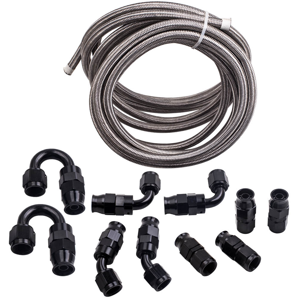 20FT AN6 6AN Stainless Steel PTFE Fuel Line Black Fitting E85 Ethanol