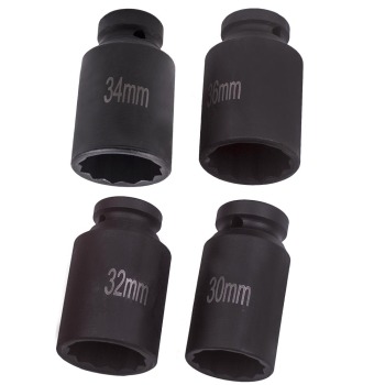 4pc 1/2 inch Drive Spindle Axle Nut Socket Set 12 Point 30mm 32mm 34mm 36mm