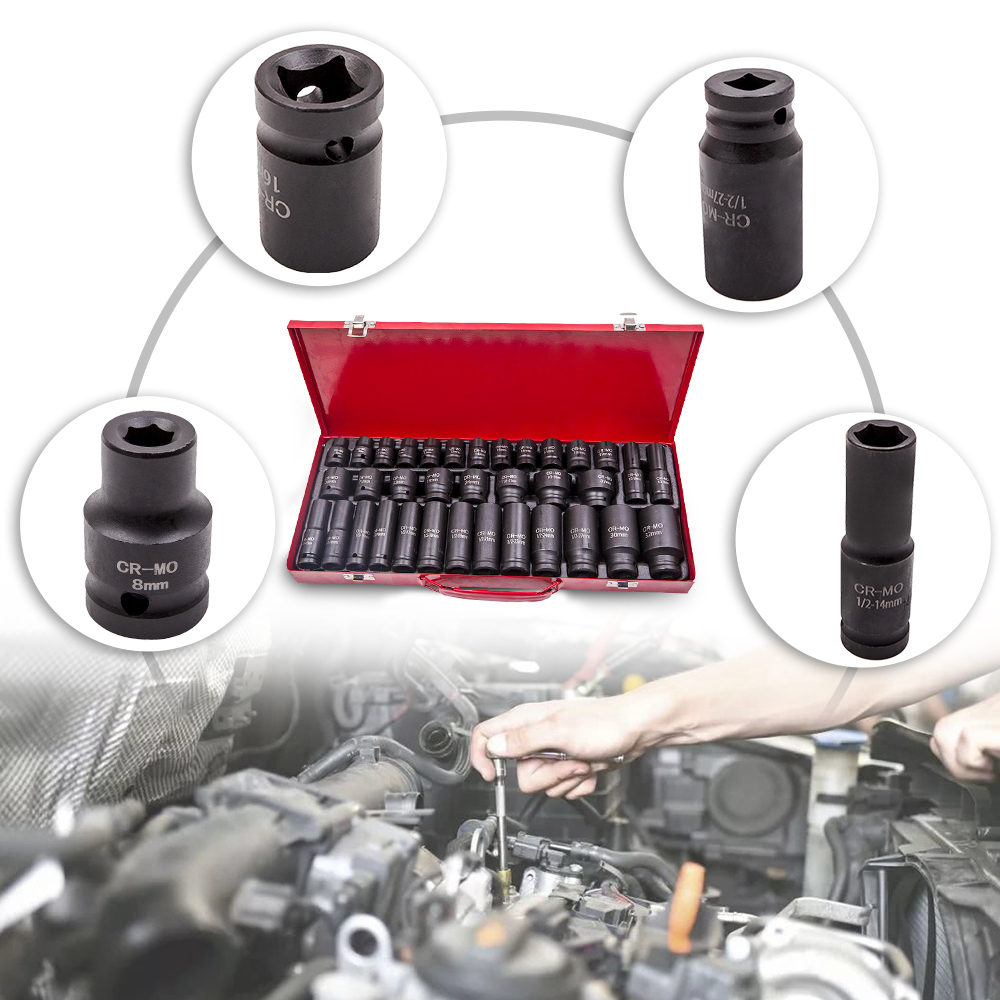 35pcs Deep Impact Socket 1/2 inch Drive 8-32mm Metric 6 Point Garage Removal Tool	
