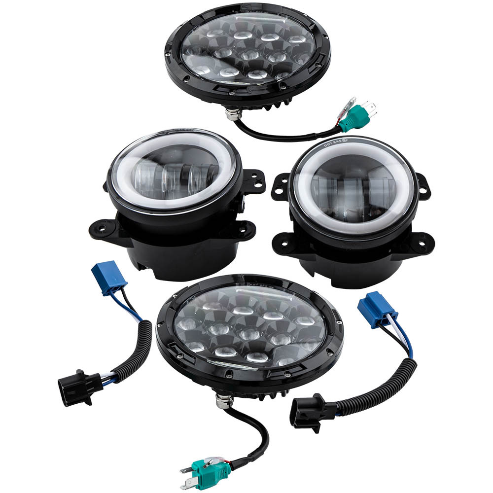 Front LED Lighting Kit Headlights + Fog Lights compatible for Jeep Wrangler JK 2007-2018