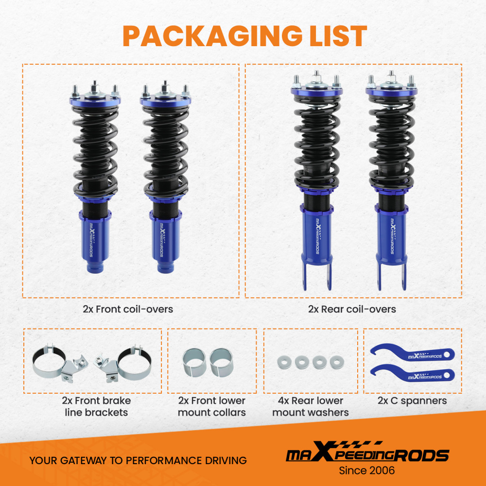Maxpeedingrods Kit de suspensión delantera y trasera con amortiguadores Compatible para Honda CR-X del Sol 1992-1995 EG (EG1) Maxpeedingrods Kit de suspensión delantera y trasera con amortiguadores Compatible para Honda CR-X del Sol 1992-1995 EG (EG1)