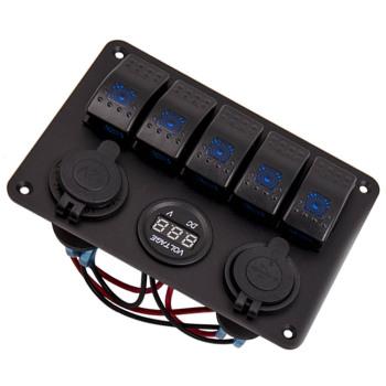 Universal 5-Gang Blue On-Off LED Waterproof Toggle Switch Panel Dual USB Ports