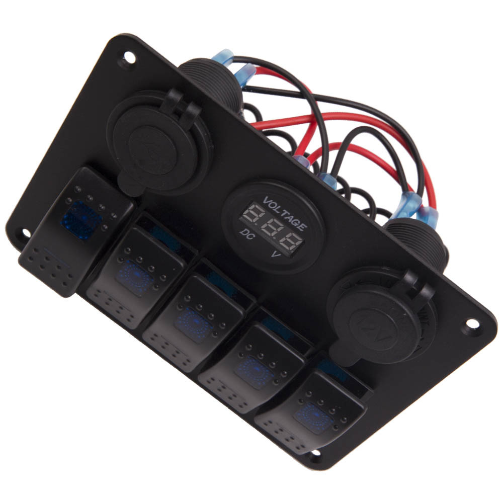 Universal 5-Gang Blue On-Off LED Waterproof Toggle Switch Panel Dual USB Ports
