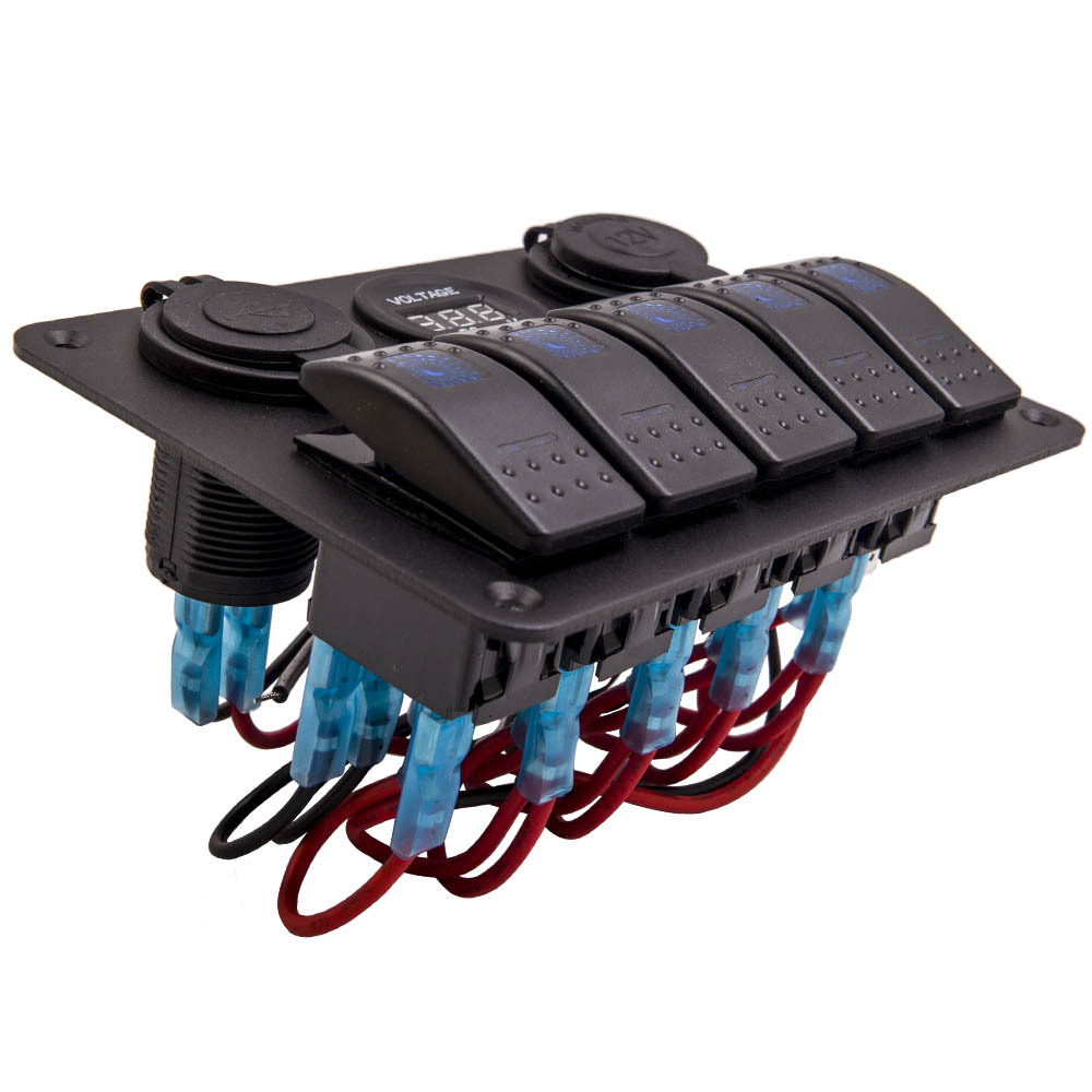 Universal 5-Gang Blue On-Off LED Waterproof Toggle Switch Panel Dual USB Ports