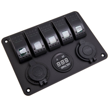 Green Universal 5 Gang On-Off LED Rocker Toggle Switch Panel 2USB for Car Truck