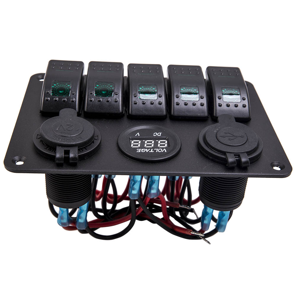 Green Universal 5 Gang On-Off LED Rocker Toggle Switch Panel 2USB for Car Truck