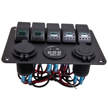 Green Universal 5 Gang On-Off LED Rocker Toggle Switch Panel 2USB for Car Truck