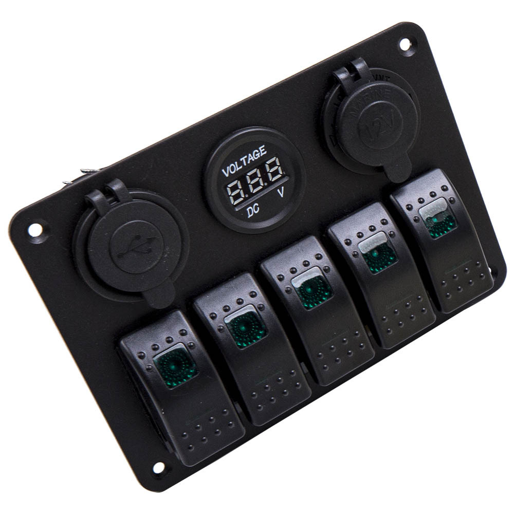 Green Universal 5 Gang On-Off LED Rocker Toggle Switch Panel 2USB for Car Truck