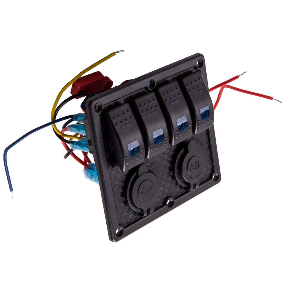 4 Gang Palanca Interruptor Panel con USB para Coche Barco Marina RV Azul LED	