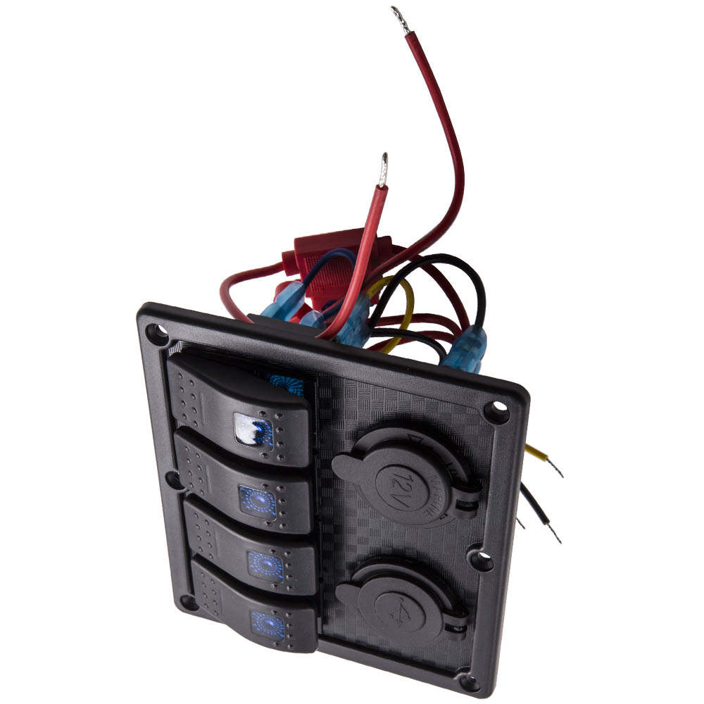 4 Gang Palanca Interruptor Panel con USB para Coche Barco Marina RV Azul LED	