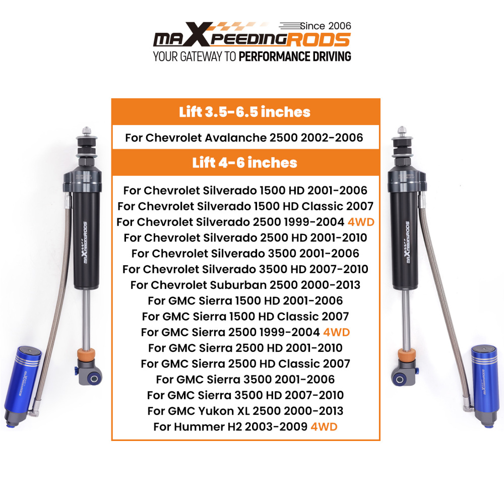 Reservoir 4-6 Lift Front Shocks 10 Way Damper for 01-10 compatible for Chevy - GMC 1500 / 2500