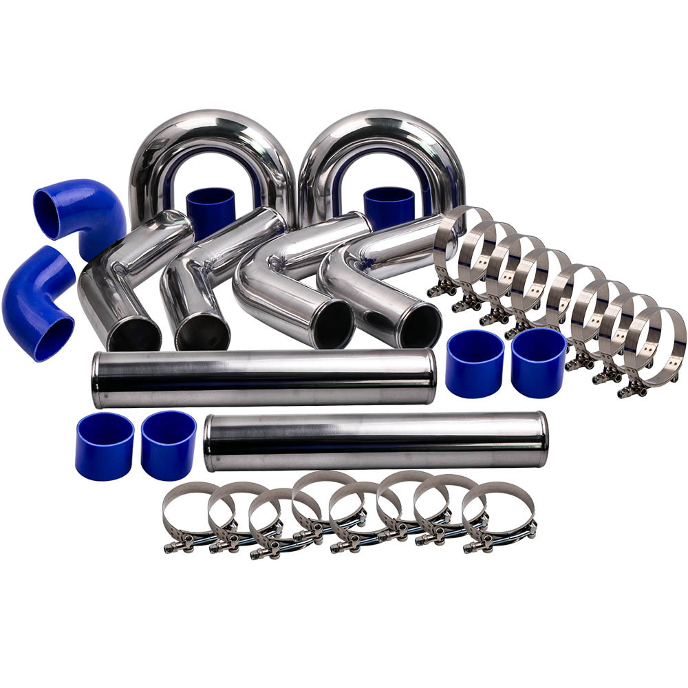 3 Inch 76mm Universal Turbo Intercooler Piping Pipe Kits + Blue Hose Aluminum