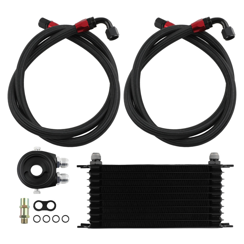 10 Row AN10 Engine Oil Cooler + 3/4-16 and M20 Filter Relocation Adapter Kit Black