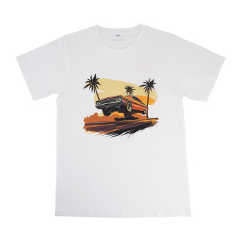 Beach Scene Lowrider Jumping Car Art Mens T-Shirt Breathable Oversized Streetwear Top, Size M