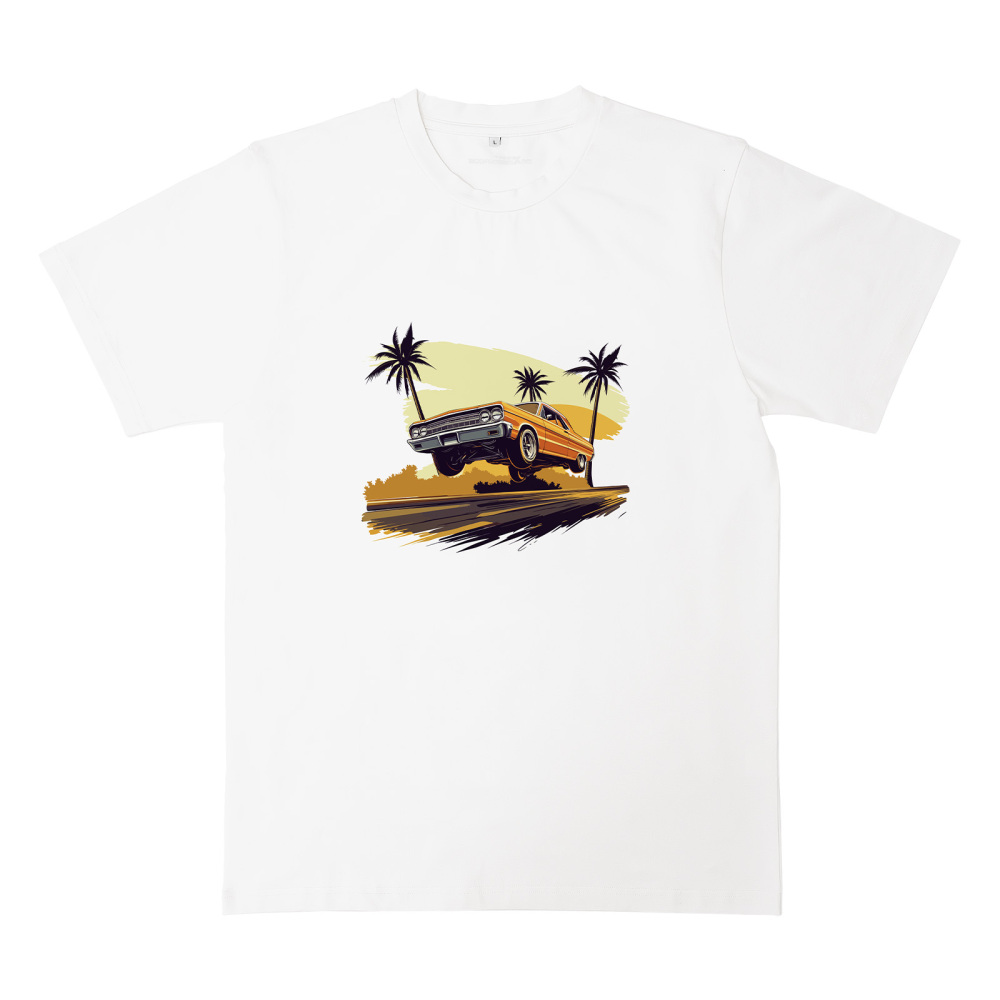 Beach Scene Lowrider Jumping Car Art Mens T-Shirt Breathable Oversized Streetwear Top, Size L