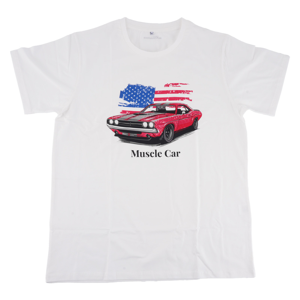 Funny Racing Car Graphic T-Shirt for Vintage USA Flag Muscle Car Classic Design, Size XL