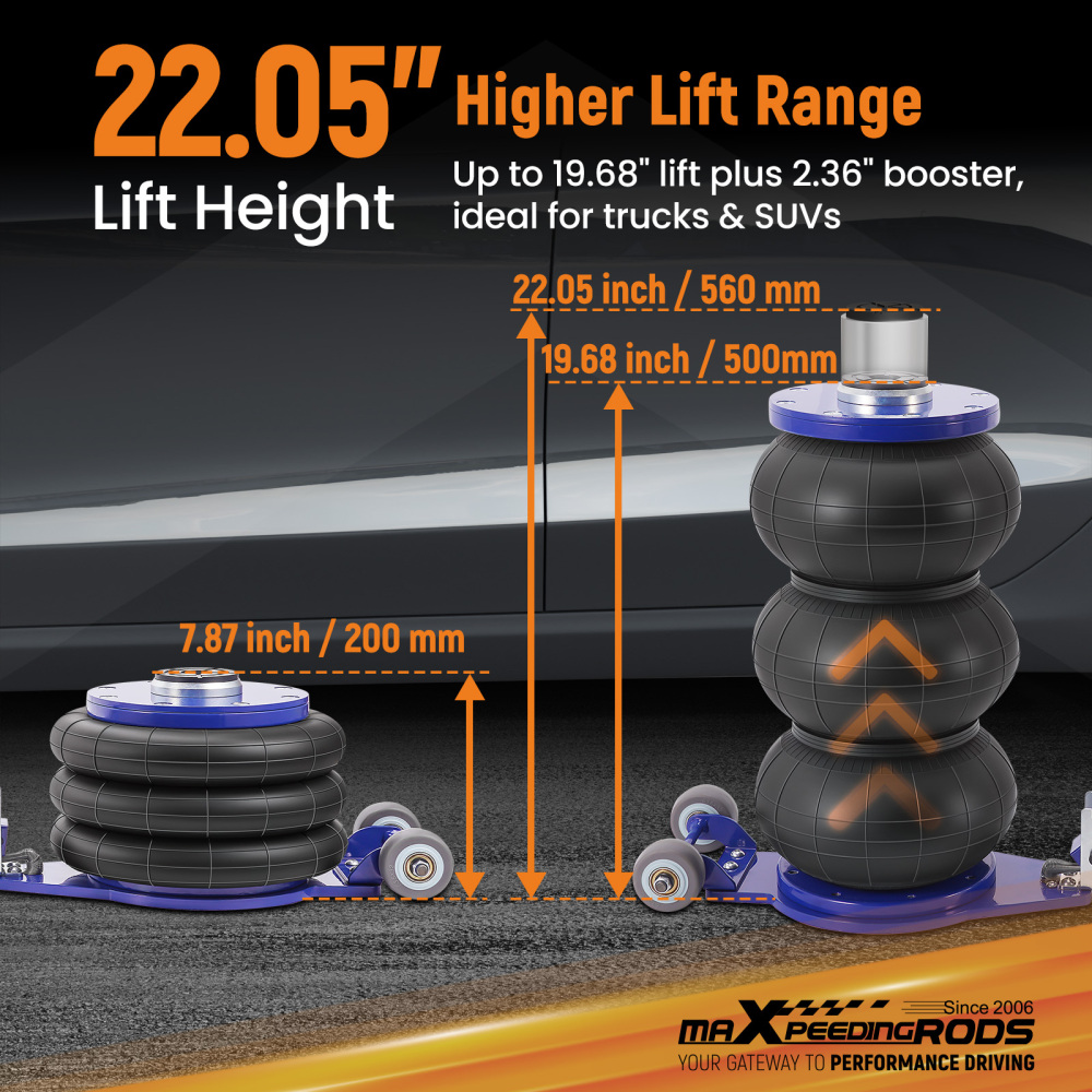 Universal Pneumatic Jack Triple bag 5 Ton 11111 lb for Pickup SUV, Fast Lifting, with Adjustable Handle and 60 mm EXTENSION