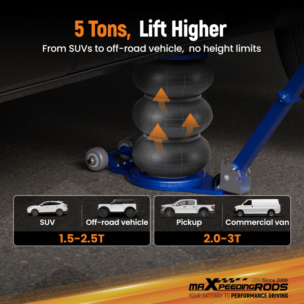 Universal Pneumatic Jack Triple bag 5 Ton 11111 lb for Pickup SUV, Fast Lifting, with Adjustable Handle and 60 mm EXTENSION