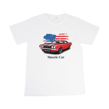 Funny Racing Car Graphic T-Shirt for Vintage USA Flag Muscle Car Classic Design, Size M