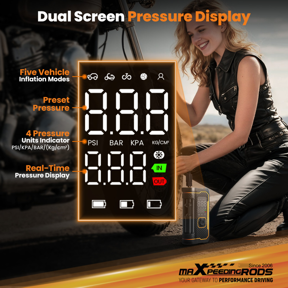 maXpeedingrods Tire Inflator Portable Air Compressor 150PSI Cordless Car Tire Air Pump with Digital Dual Displays, LED Light, Auto Shut-Off, Memory Function, Air Pump for Car, Bike, Motorcycle, Ball
