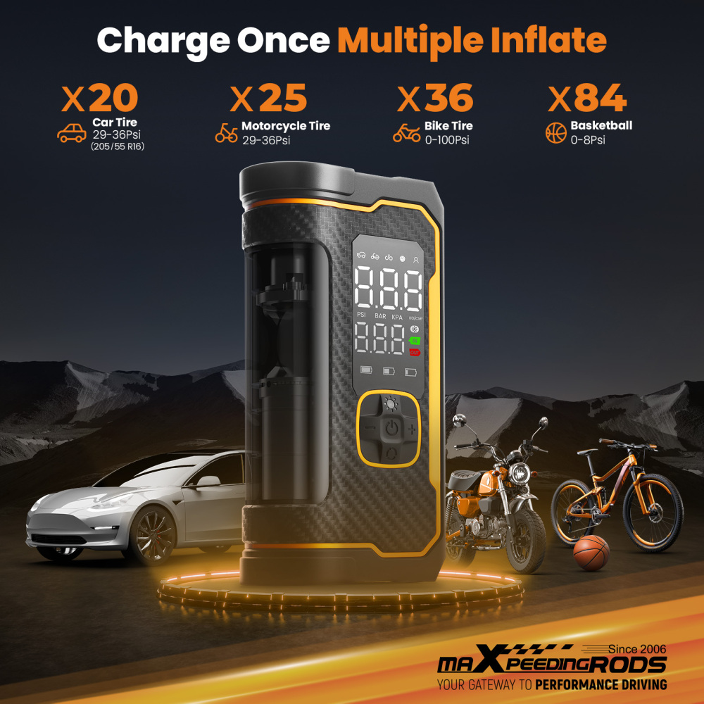 maXpeedingrods Tire Inflator Portable Air Compressor 150PSI Cordless Car Tire Air Pump with Digital Dual Displays, LED Light, Auto Shut-Off, Memory Function, Air Pump for Car, Bike, Motorcycle, Ball