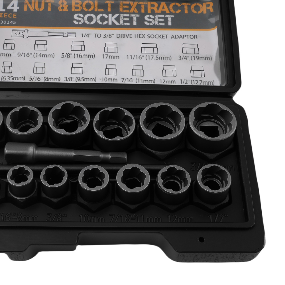 15pc Impact Twist Socket Set Lug Nut Removal Tool 6.35-19mm with AdapterPunch