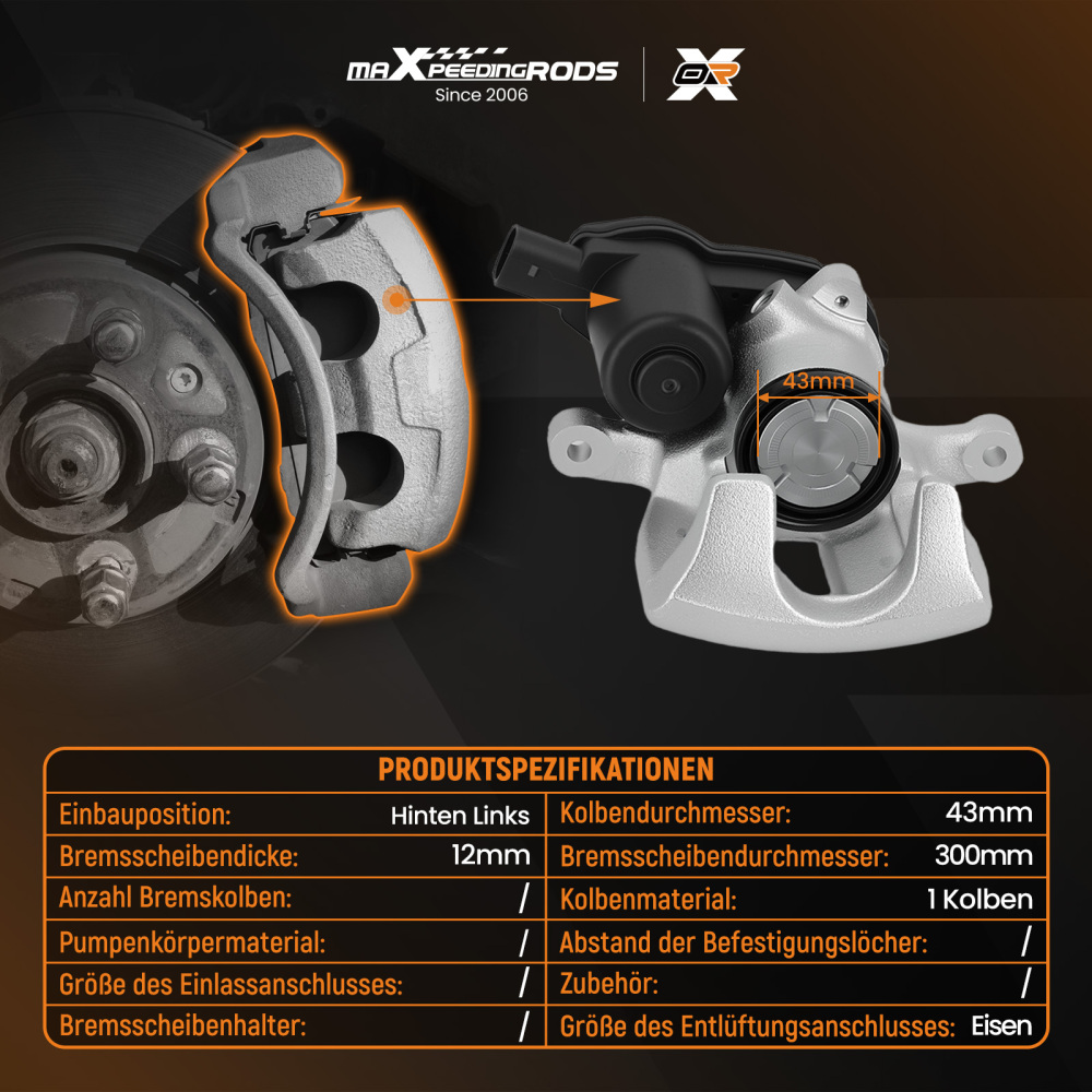 Brake Caliper Rear Left compatible for Audi A4 A5 Q5 8K2 B8 8T3 8R 2007-16 8K0615403E 43mm