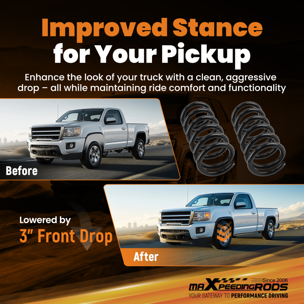 3 Front Drop Springs compatible for Dodge Ram 1500 2WD 94-2001 Lowering Kit Steel