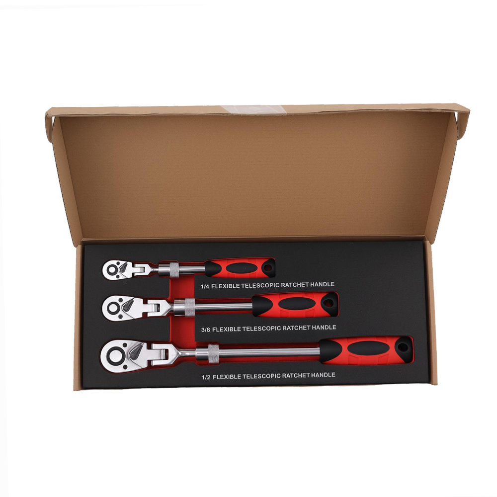 3PCS 72-Tooth Set 1/4 3/8 1/2 Drive Telescoping Ratchet with Chrome Steel