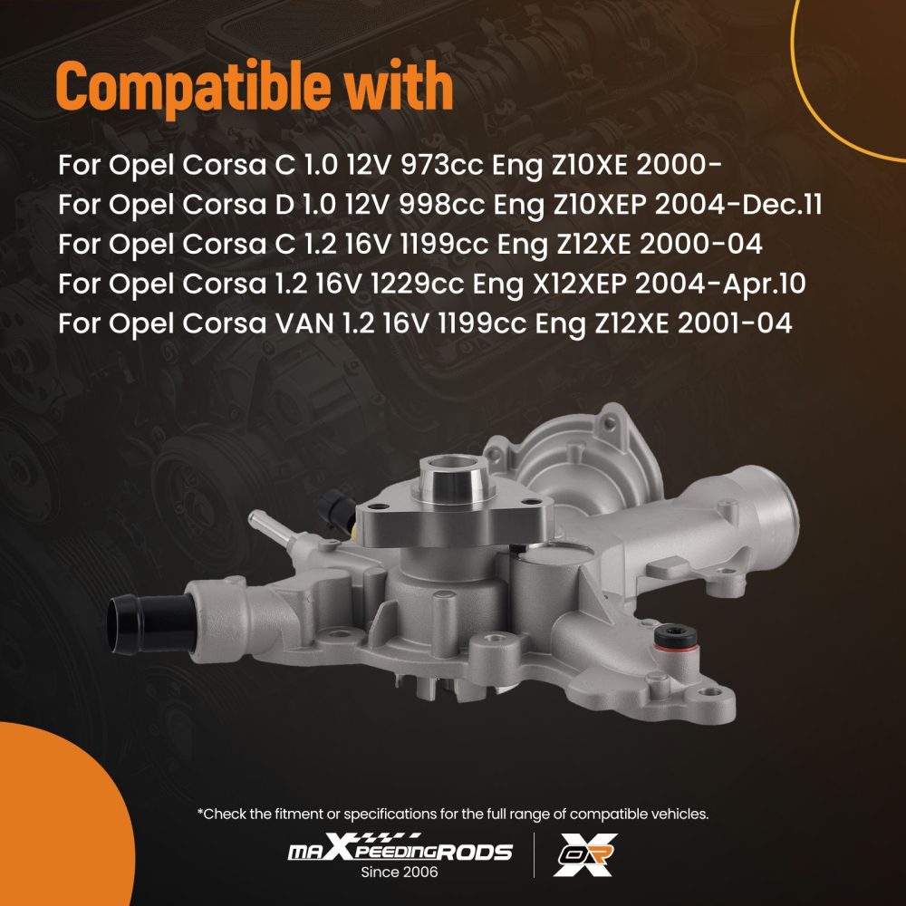 Cooling Water Pump compatible for Opel Corsa/Agila 1.0-1.4 2000-2012 95507589 Aluminium