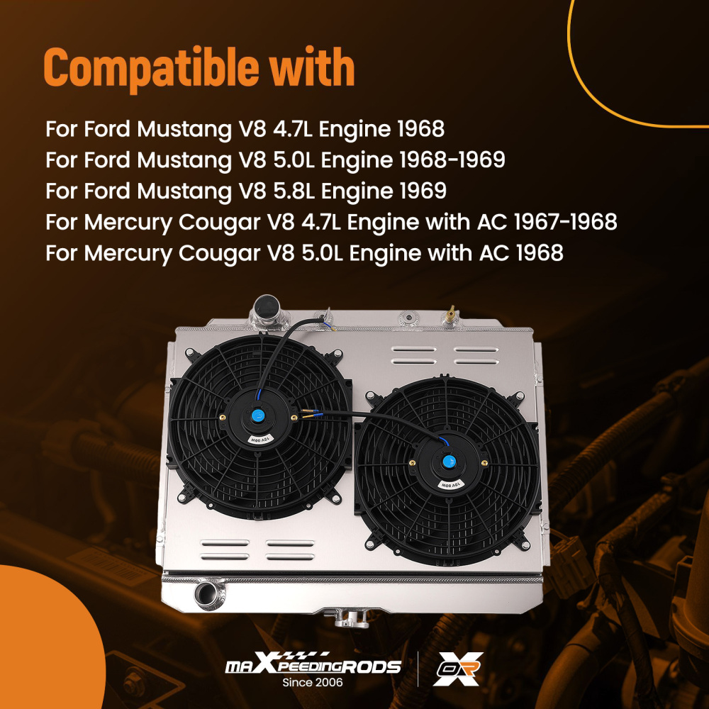3 Row Aluminum Radiator compatible for Ford Mustang V8 4.7L/5.0L 1968-1969 compatible for Mercury Cougar