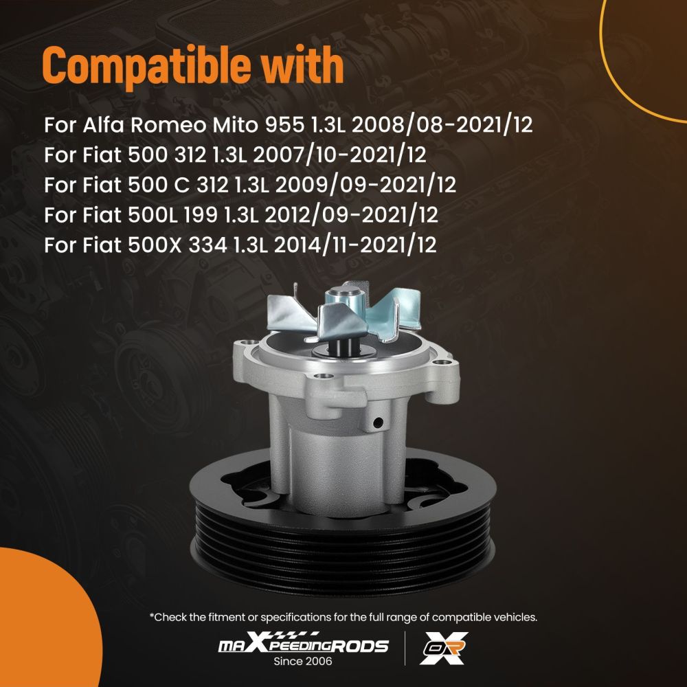 Engine Water Pump compatible for Alfa Romeo Mito compatible for Fiat 500 500C 1.3L 2008-2021 1201.L9