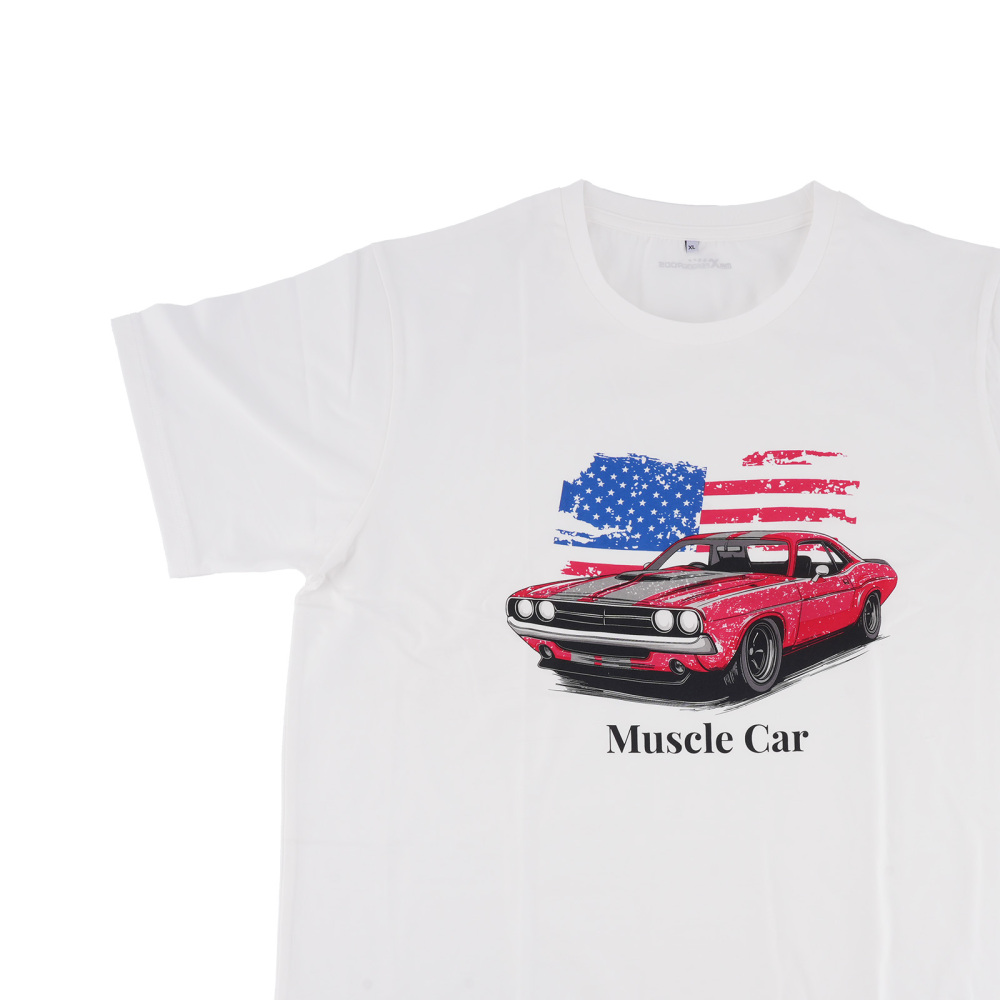 Funny Racing Car Graphic T-Shirt for Vintage USA Flag Muscle Car Classic Design, Size XL