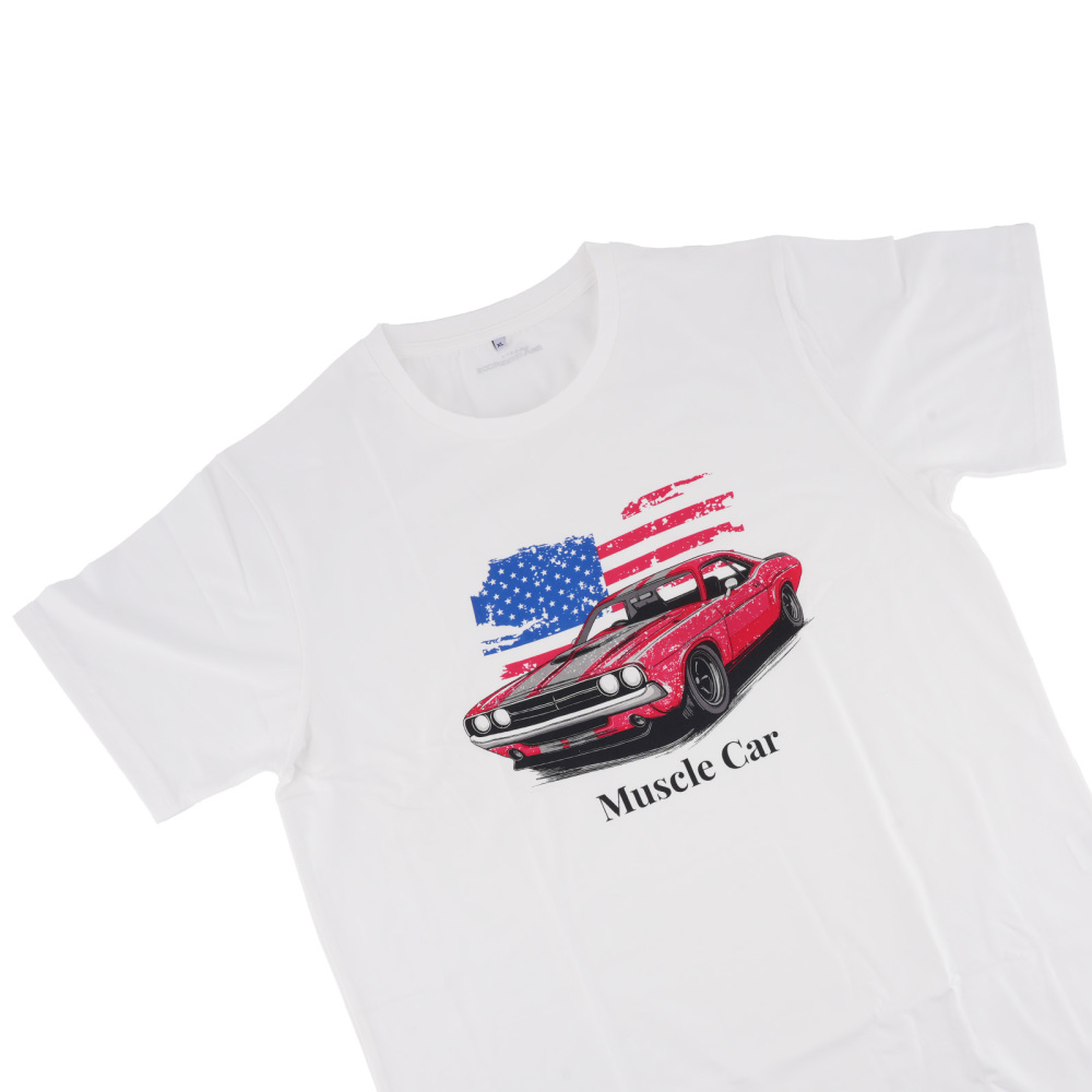 Funny Racing Car Graphic T-Shirt for Vintage USA Flag Muscle Car Classic Design, Size XL