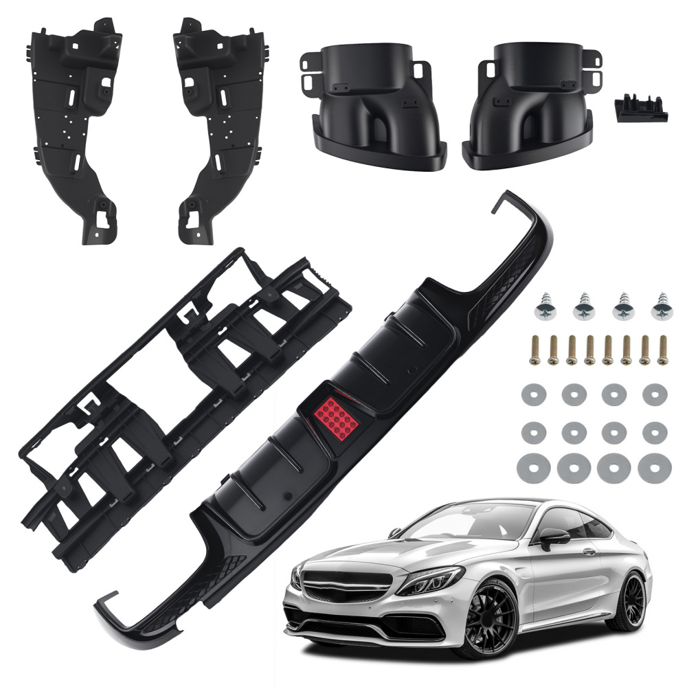 LED BUMPER DIFFUSER + BLK EXHAUST TIPS FOR 15-21 BENZ W205 C63 C43 SEDAN B STYLE