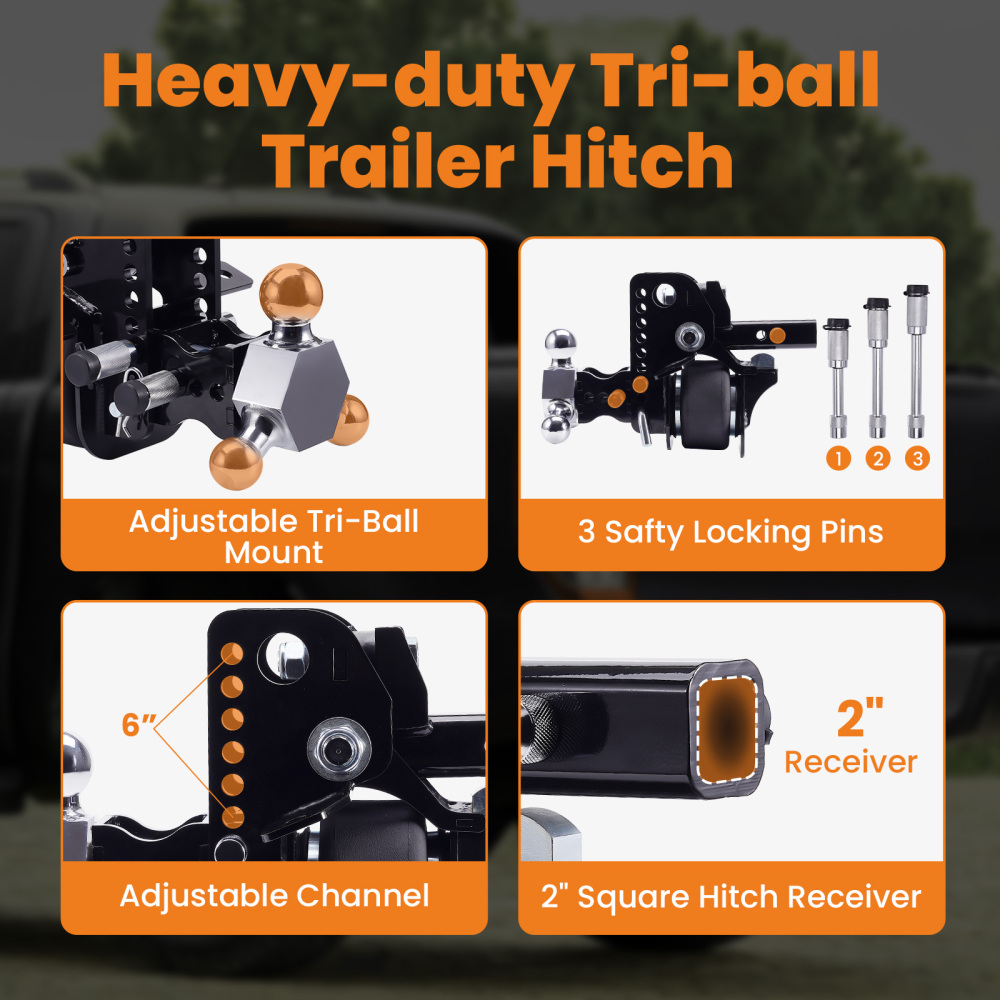 12000lbs Three Ball Trailer Hitch w/ Air Suspension Bag 6 Drop/Rise 2 Receiver