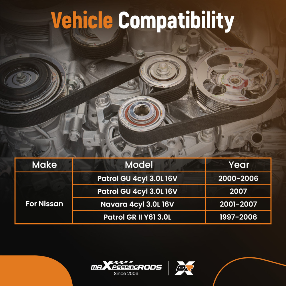 Compatible for Nissan Patrol GU Y61 ZD30 3.0L 2000-2007 Drive Fan Belt + Tensioner Assembly