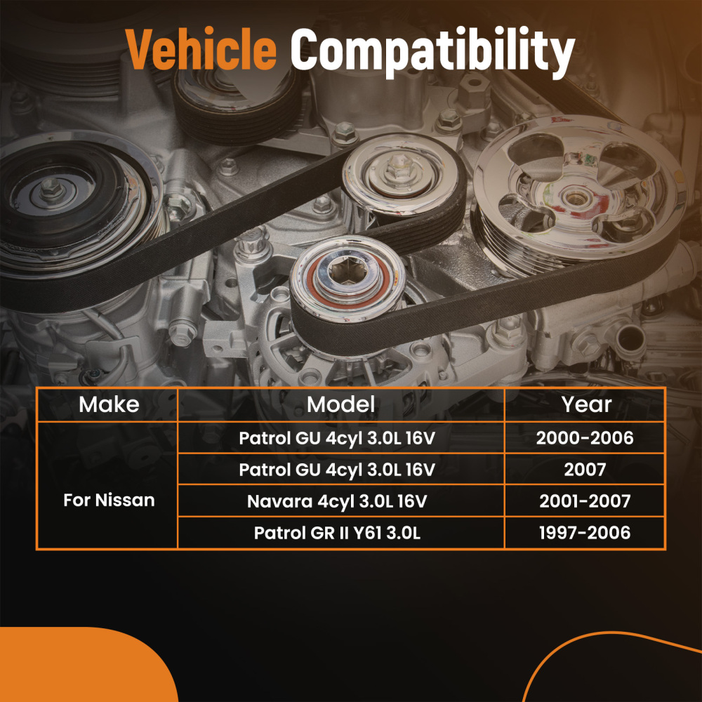 Compatible for Nissan Patrol GU Y61 ZD30 3.0L 2000-2007 Drive Fan Belt + Tensioner Assembly